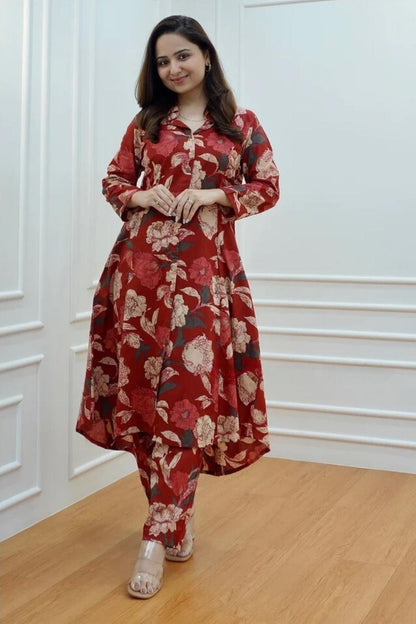 Red Floral Anarkali Kurta Set with Straight Pants
