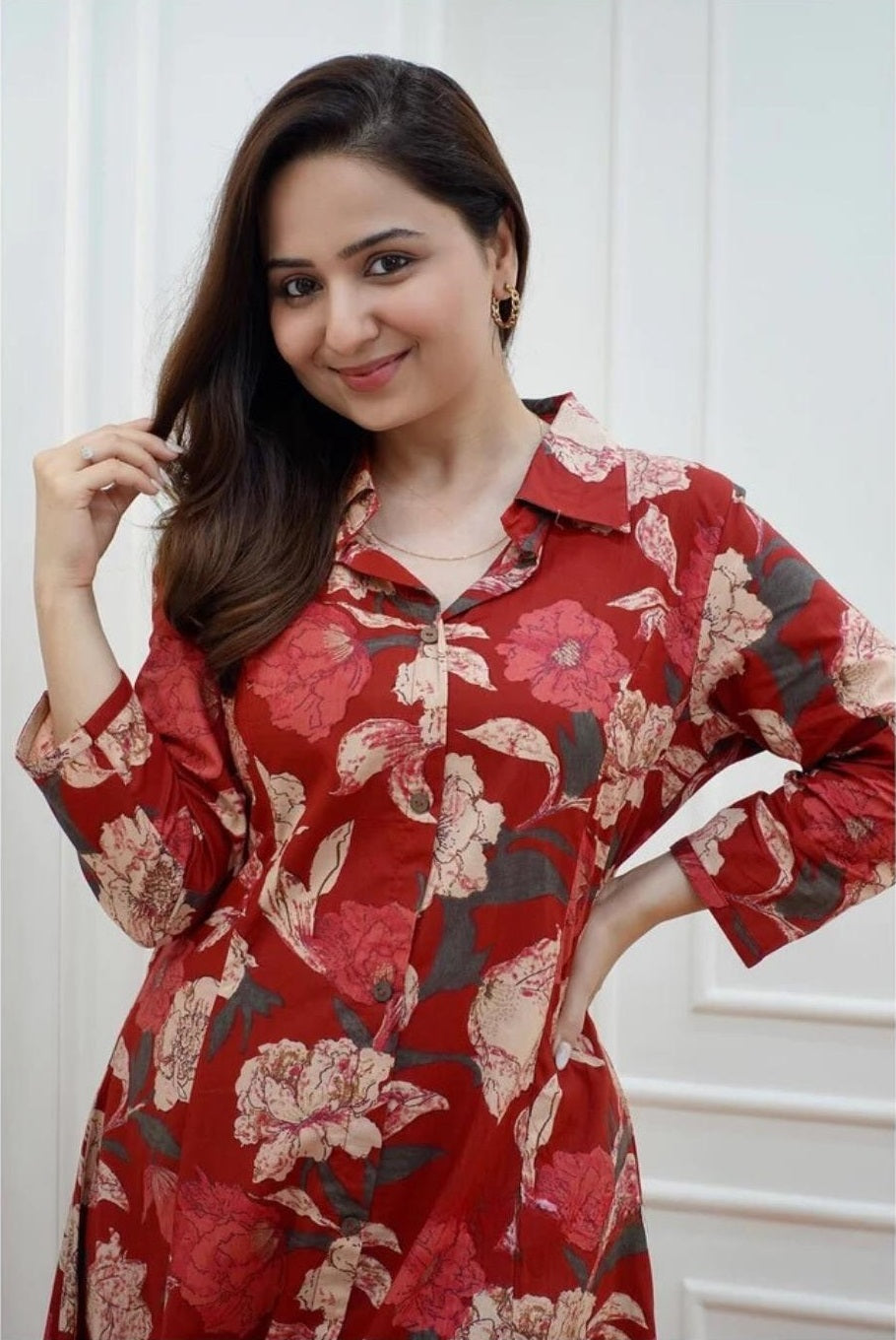 Red Floral Anarkali Kurta Set with Straight Pants