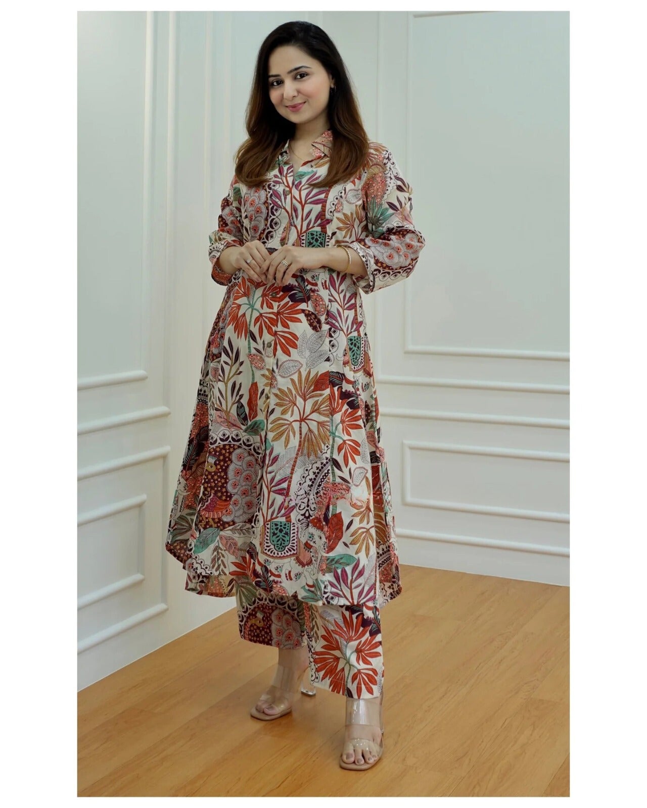 Multicolor Printed Anarkali Kurta Set with Straight Pants