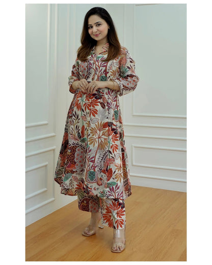 Multicolor Printed Anarkali Kurta Set with Straight Pants