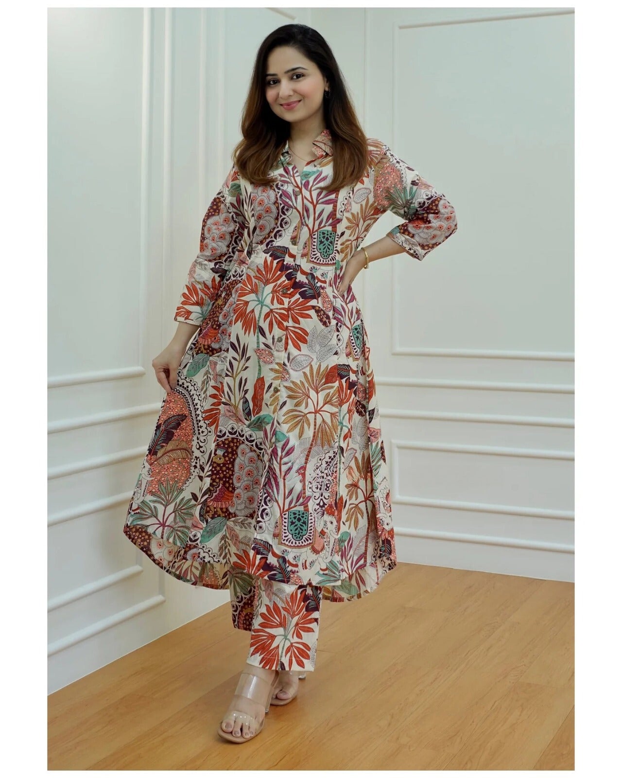 Multicolor Printed Anarkali Kurta Set with Straight Pants