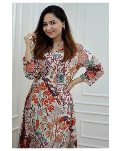 Multicolor Printed Anarkali Kurta Set with Straight Pants