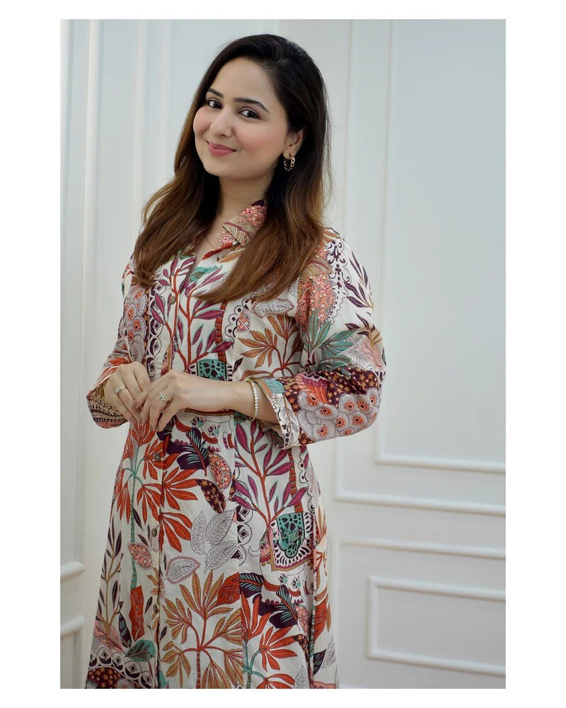 Multicolor Printed Anarkali Kurta Set with Straight Pants